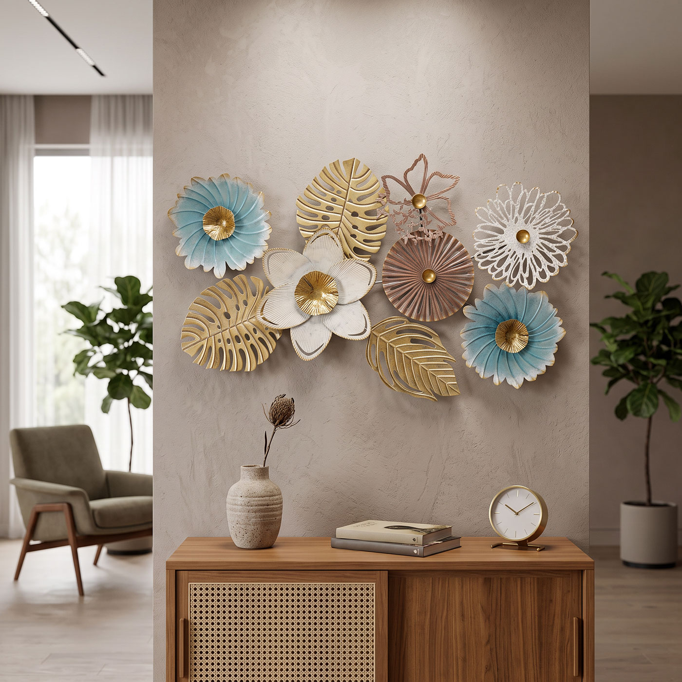 Wandbild Metall 3D 87x54cm Gold Weiß Türkis Monstera Schmetterling Wanddeko Deko