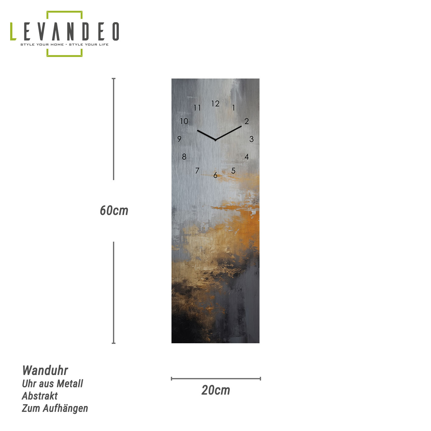 Wanduhr Metall 20x60cm Schwarz Gold Abstraktes Design Metalluhr Wanddeko Wandkunst