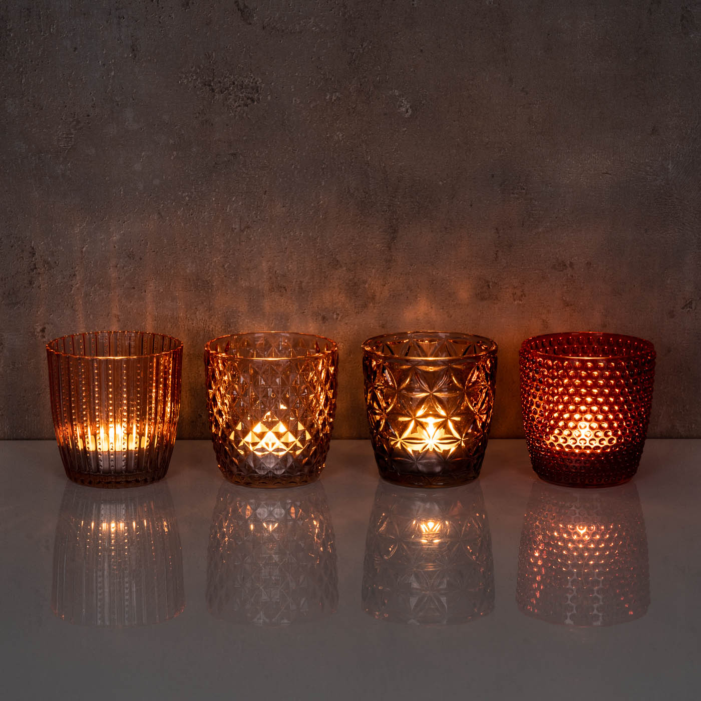 4er Set Windlicht H7,5cm Glas Rosa Rot Teelichthalter Tischdeko Kerzen Retro Deko
