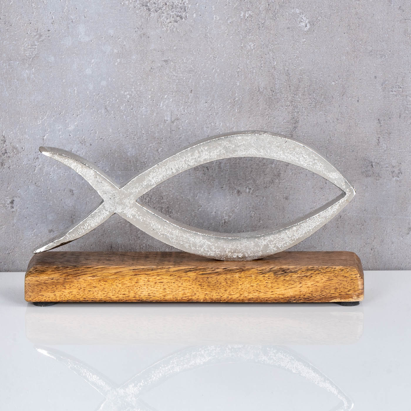 Aufsteller Fisch L13cm Metall Mango Holz Silber Natur Maritime Deko Christentum