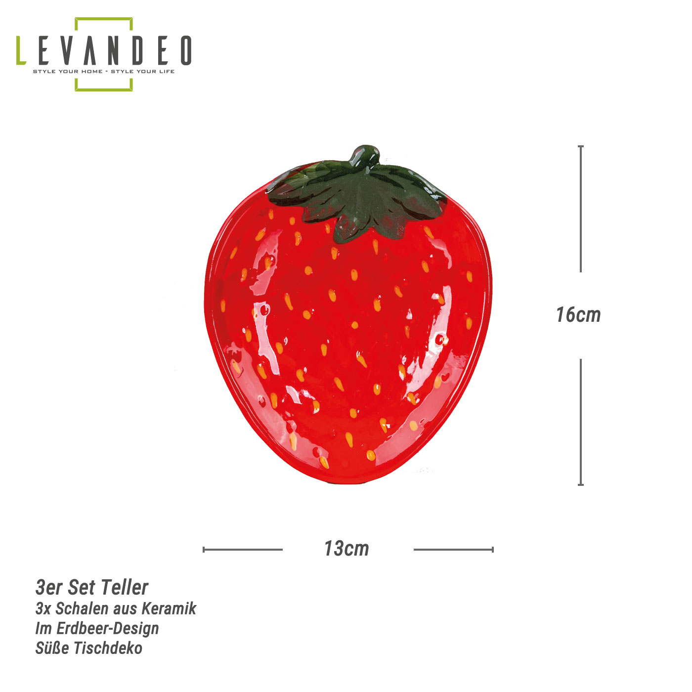 3er Set Teller Erdbeere Keramik 16cm Sommer Obst Dekoschale Tischdeko Snackschale