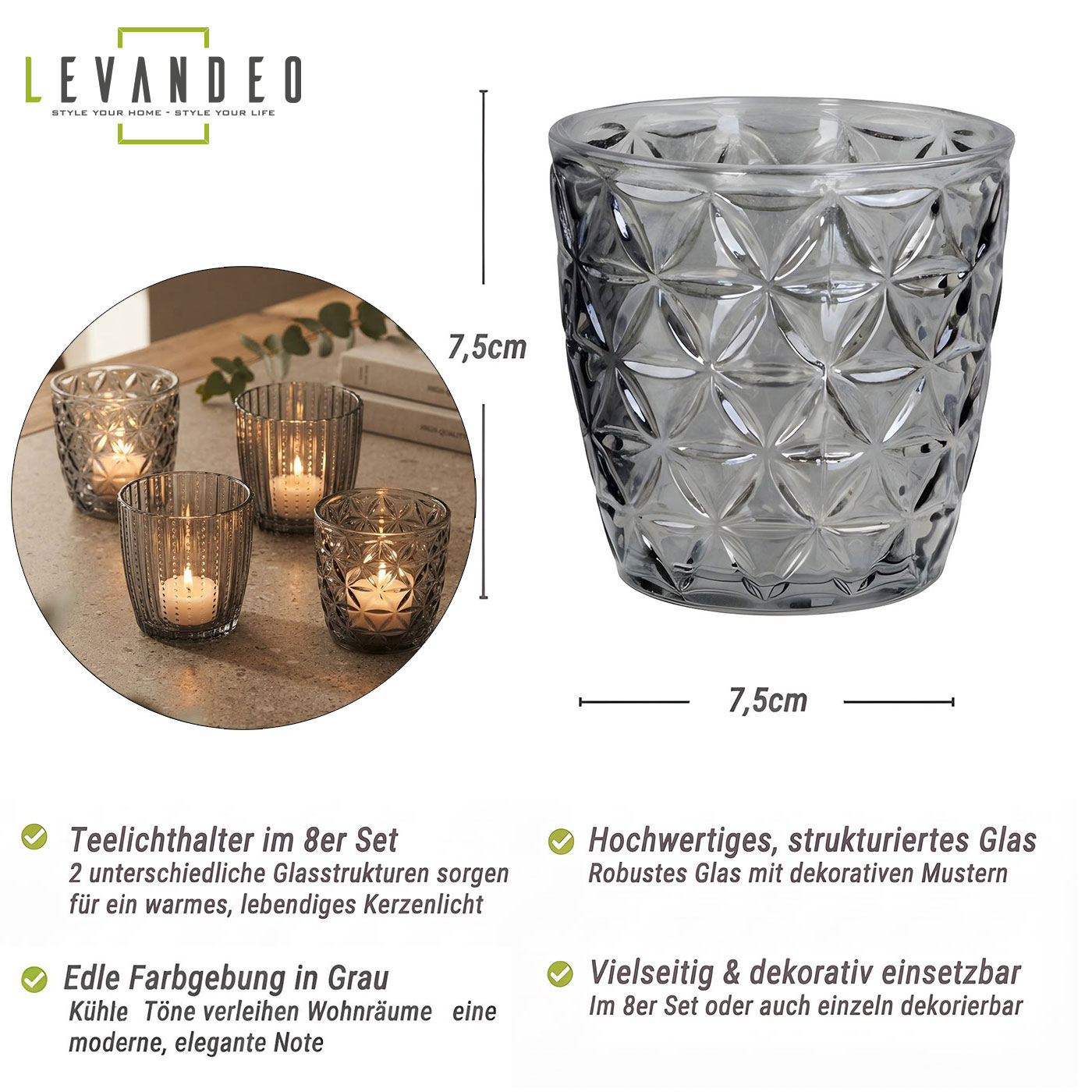 8er Set Windlicht H7,5cm Glas Grau Teelichthalter Tischdeko Kerzen Retro Deko