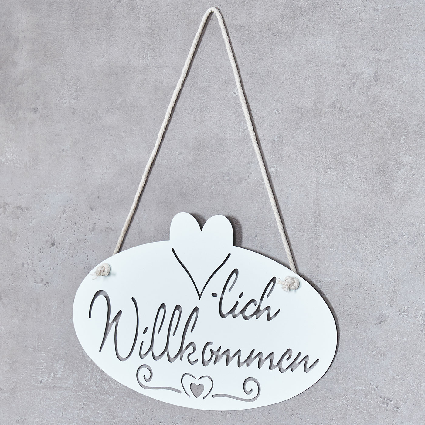 Schild Willkommen Herz 28,5x16cm Garten-Deko Türschild Weiß Wandbild Aufhänger