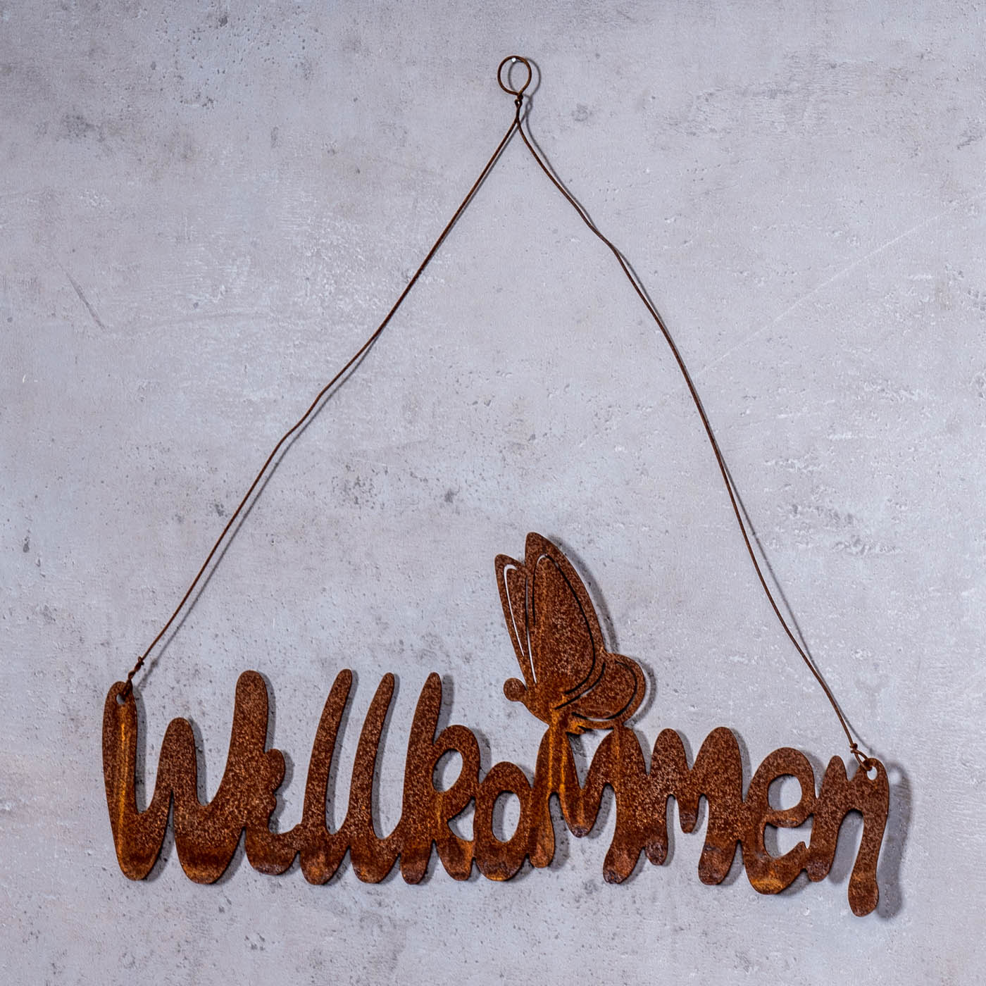 Schild Willkommen 38x14cm Gartendeko Türschild Edelrost Schriftzug Schmetterling