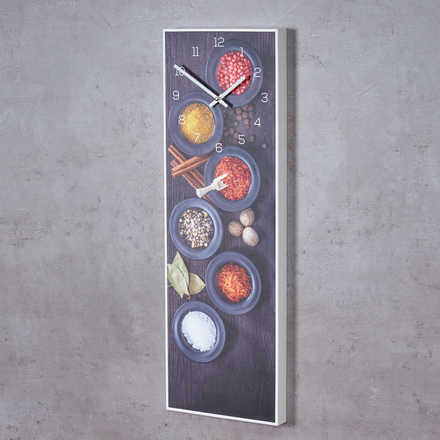 Wanduhr 20x60cm Uhr PVC Rahmen Weiß Gewürze Küche Wanddeko Wandbild Küchenbild