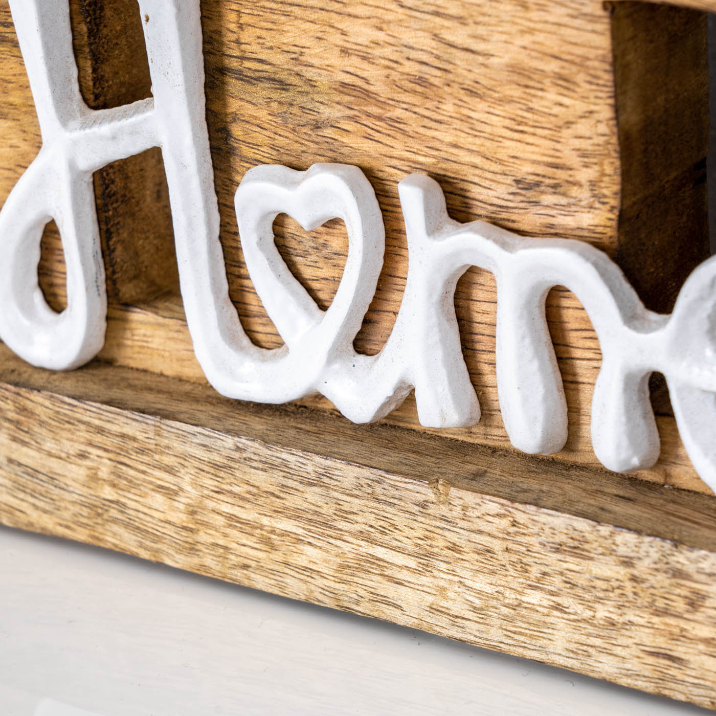 Aufsteller Haus H20cm Home Weiß Mango Metall Schriftzug Holz Deko Tischdeko