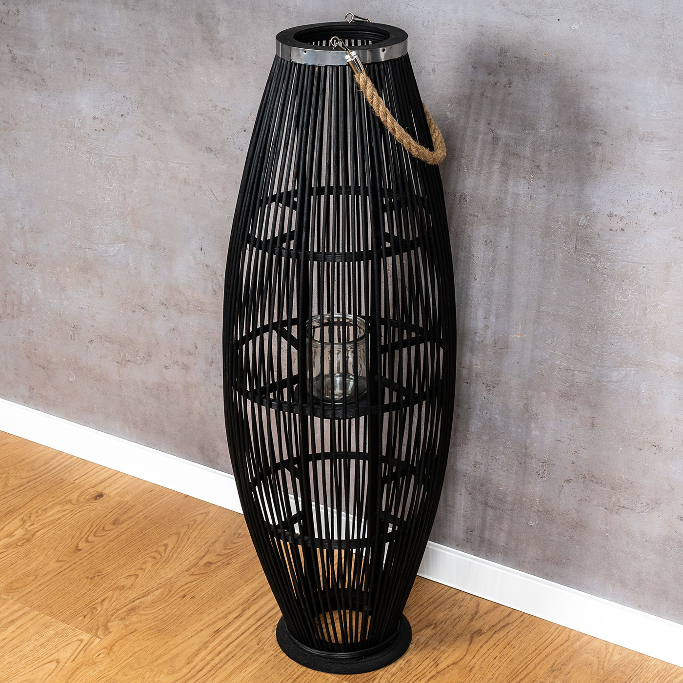 Laterne H72cm Bambus Windlicht Schwarz Holz Glas Kerzenhalter Sisal Deko