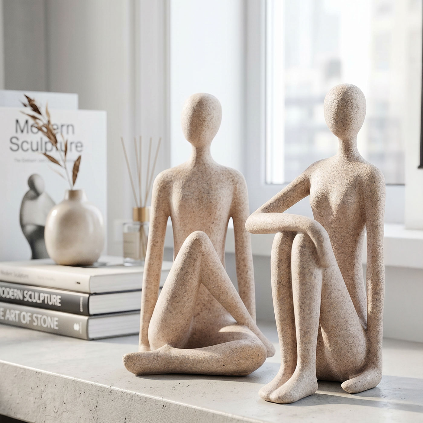 2er Set Deko Figuren Abstrakt H20cm Braun Beige Skulptur Paar Steinoptik Wohndeko