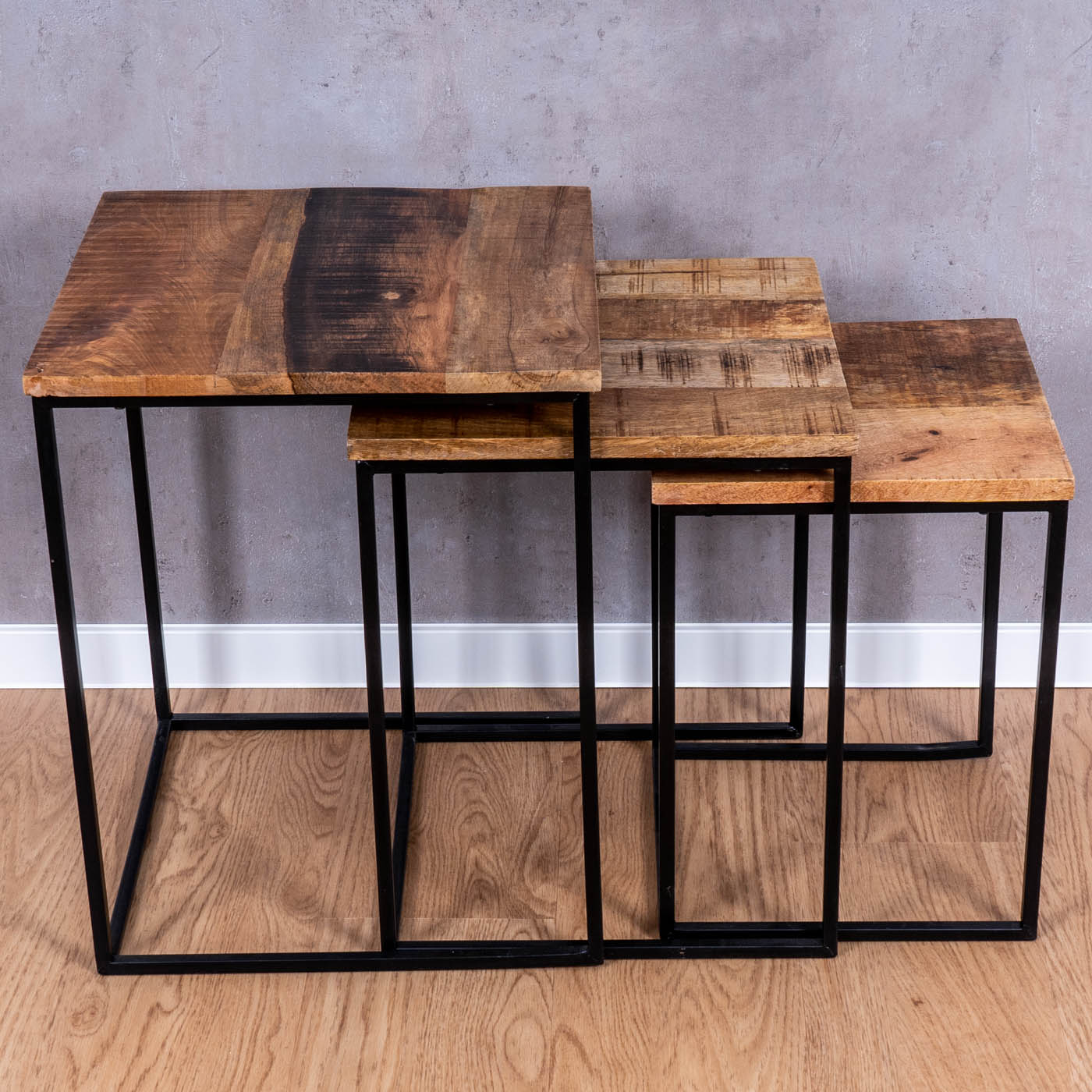 3er Set Beistelltisch Mango Natur Eisen Schwarz Design Holz Couchtisch Deko
