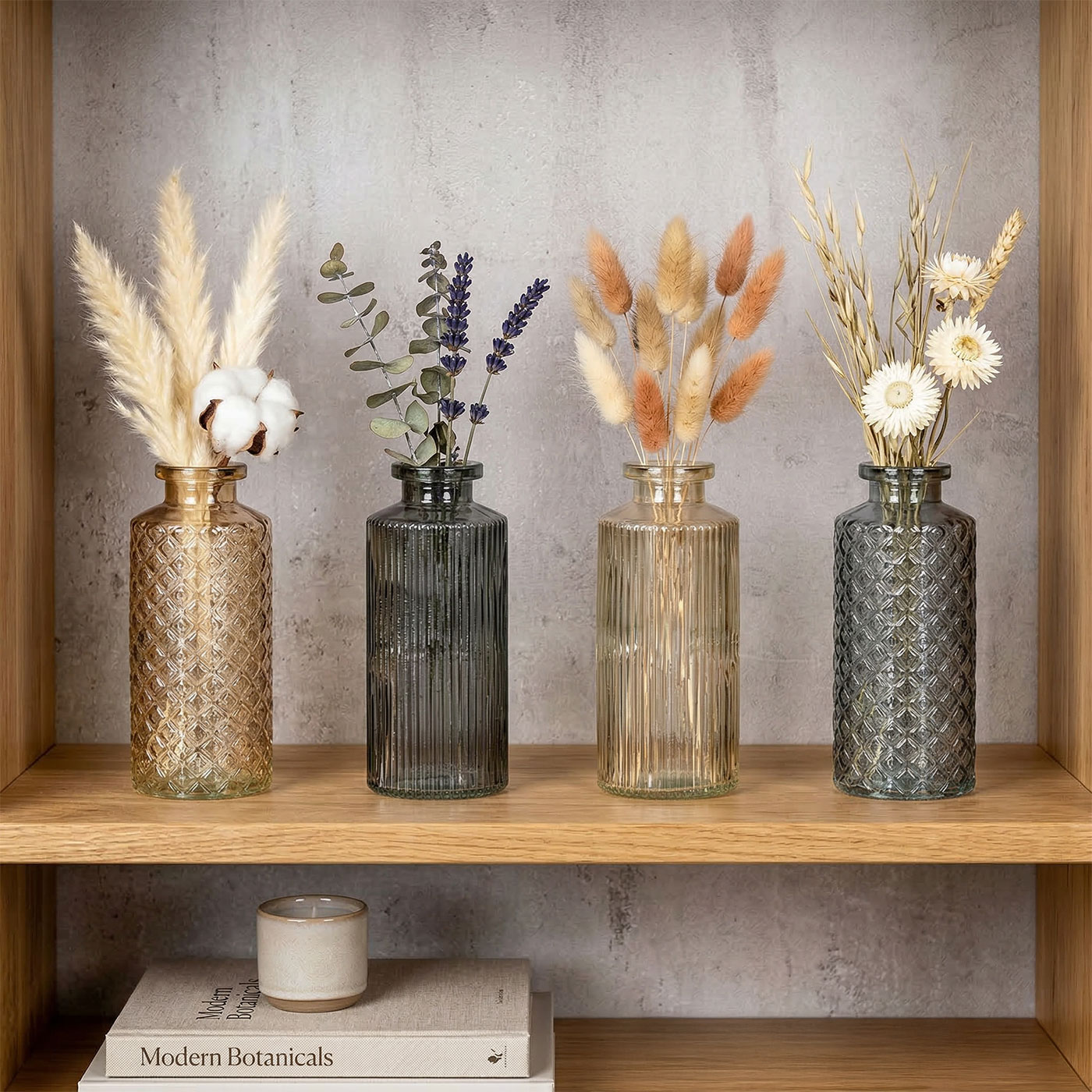 4er Set Vase Braun Grau H14cm Glas Blumenvase Tischdeko Herbstdeko Glasvase