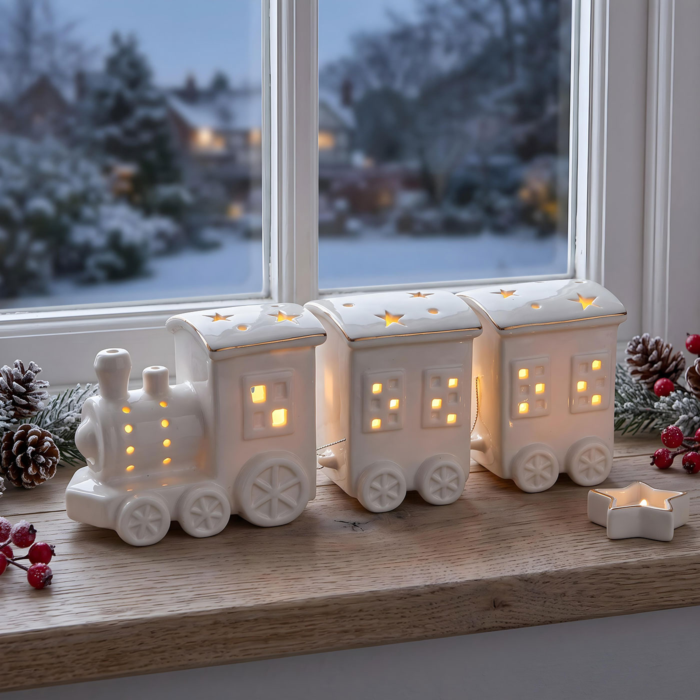 LED Weihnachtszug L25cm Porzellan Weiß Weihnachtsdeko Sterne Zug Lichtdeko