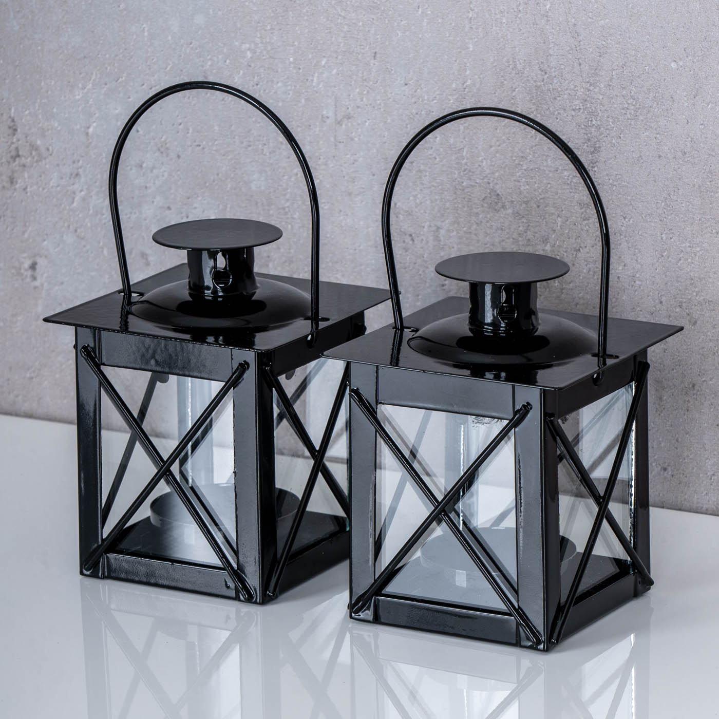 2er Set Windlicht H10cm Laterne Schwarz Metall Tischdeko Kerze Teelichthalter