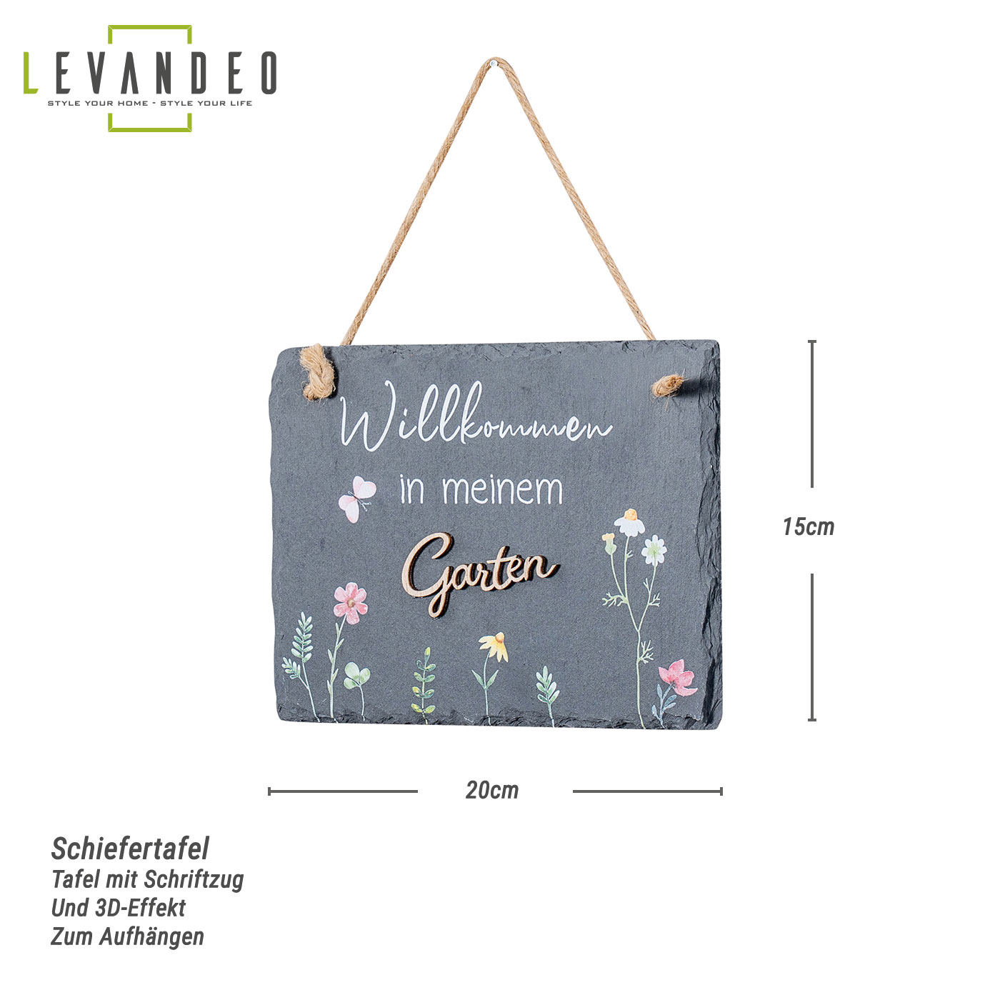 Schiefertafel Garten 20x15cm Willkommen Gartendeko Garten-Schild Wandbild Schwarz