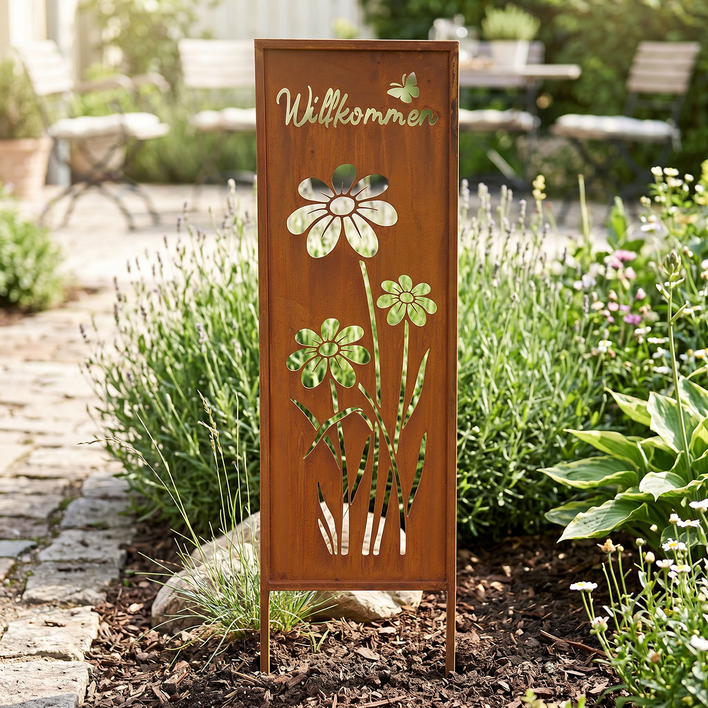 Gartenstecker Willkommen H83cm Stele Rost Rostdeko Braun Garten-Deko Edelrost