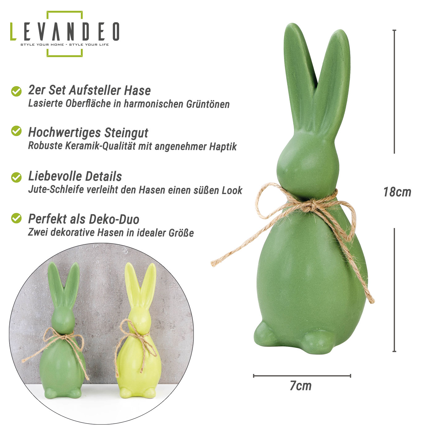 2er Set Deko Aufsteller Hase Grün Steingut Ostern Osterdeko Tischdeko Frühling
