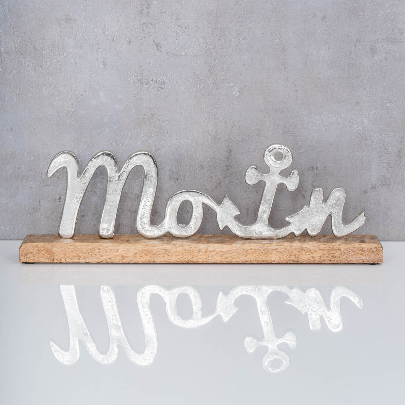 Aufsteller Moin L40cm Metall Silber Mango Holz Maritim Tischdeko Deko Schriftzug