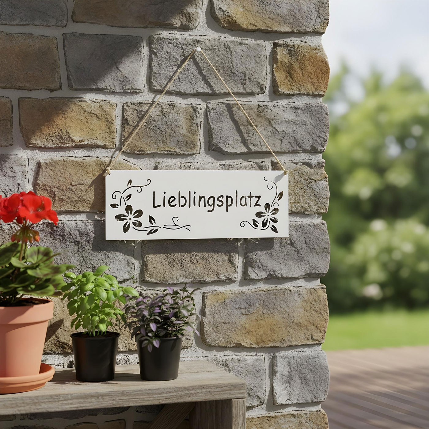 Schild Lieblingsplatz 25x9cm Außen Garten-Deko Weiß Blumen Metall Türschild