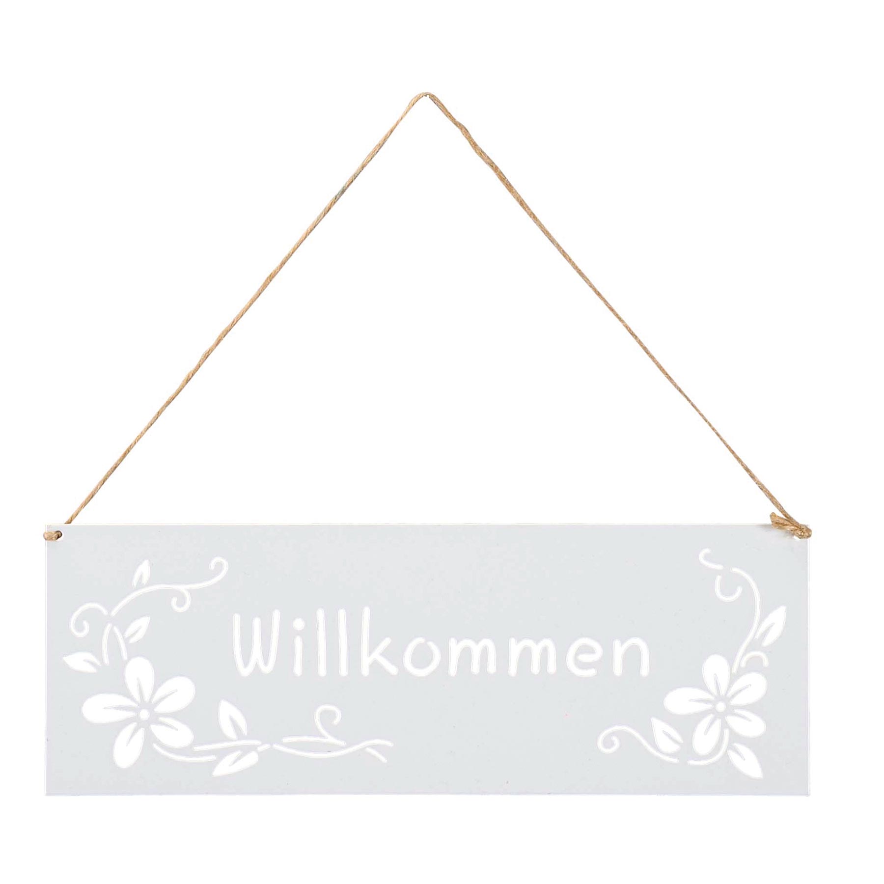 Schild Willkommen 25x9cm Außen Garten-Deko Weiß Blumen Metall Türschild Wandbild