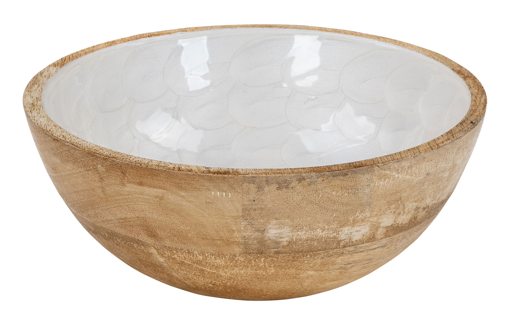 Schüssel 21cm Mango Holz Creme Perlmutt Emaille Schale Bowl Salatschüssel Deko