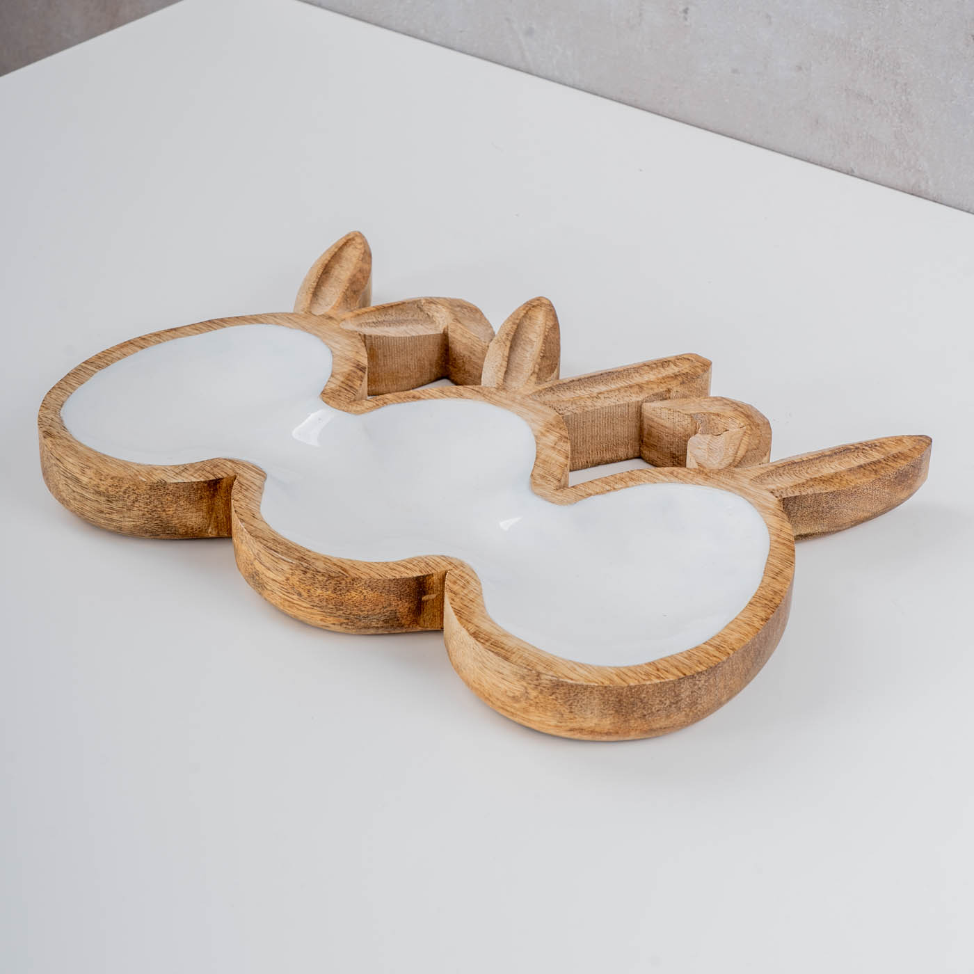 Deko Schale L26cm Ostereier Hasenohren Mangoholz Natur Weiß Osterdeko Tischdeko