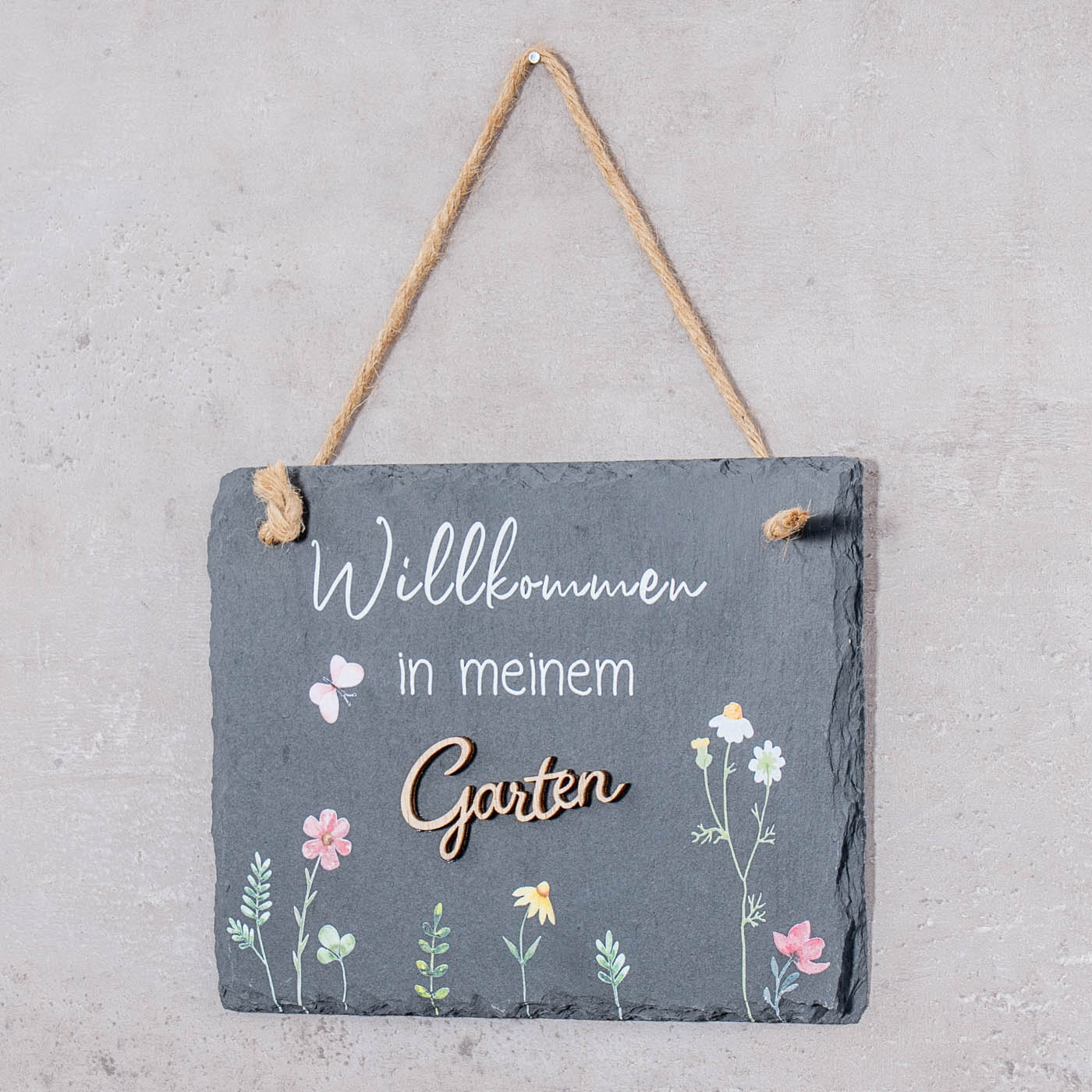 Schiefertafel Garten 20x15cm Willkommen Gartendeko Garten-Schild Wandbild Schwarz