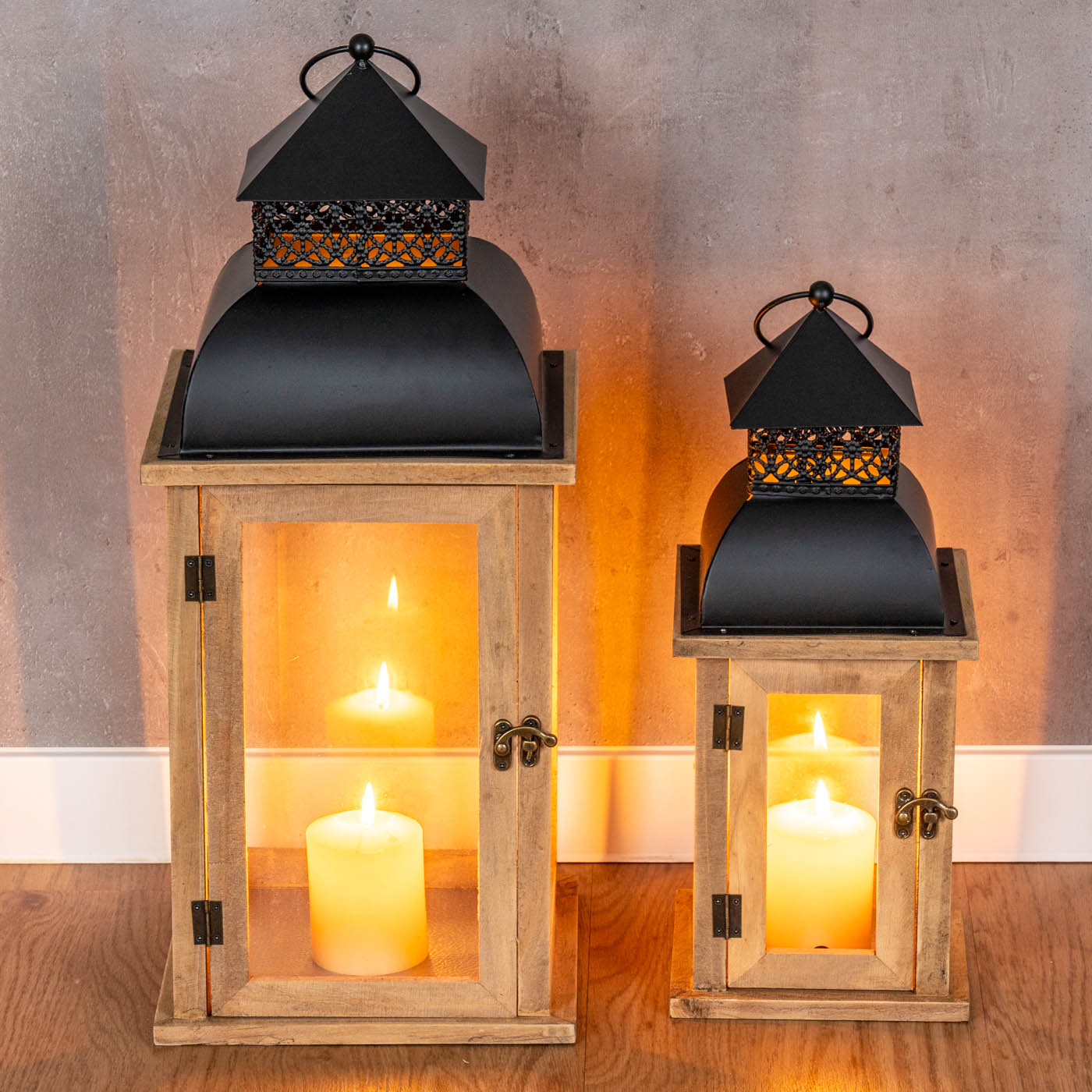 2er Set Laterne Braun Holz Metall Kerzenhalter Windlicht Gartendeko Holzlaterne
