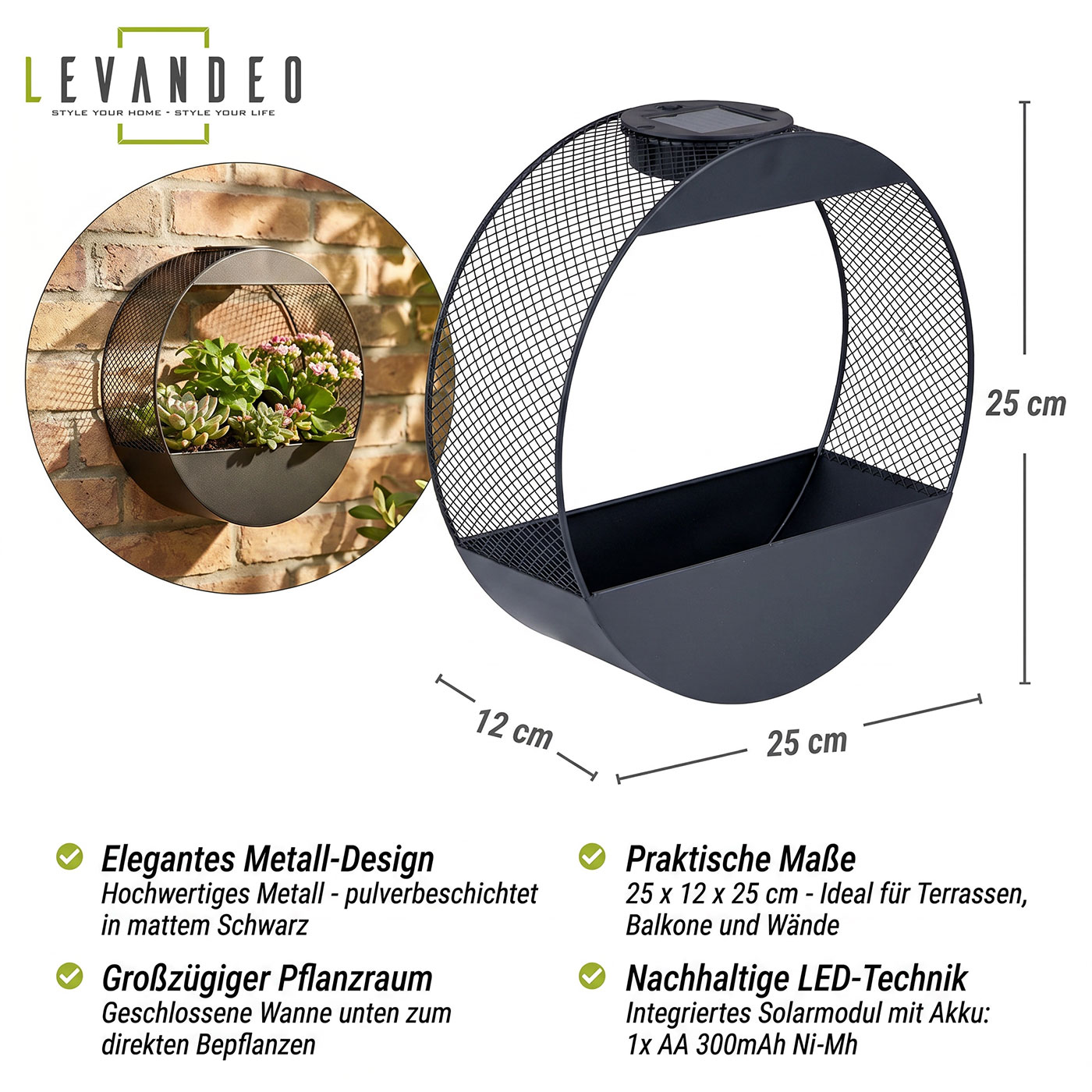 Solar Wandlampe Blumentopf Metall Schwarz - LED Gartenleuchte Industrial Design