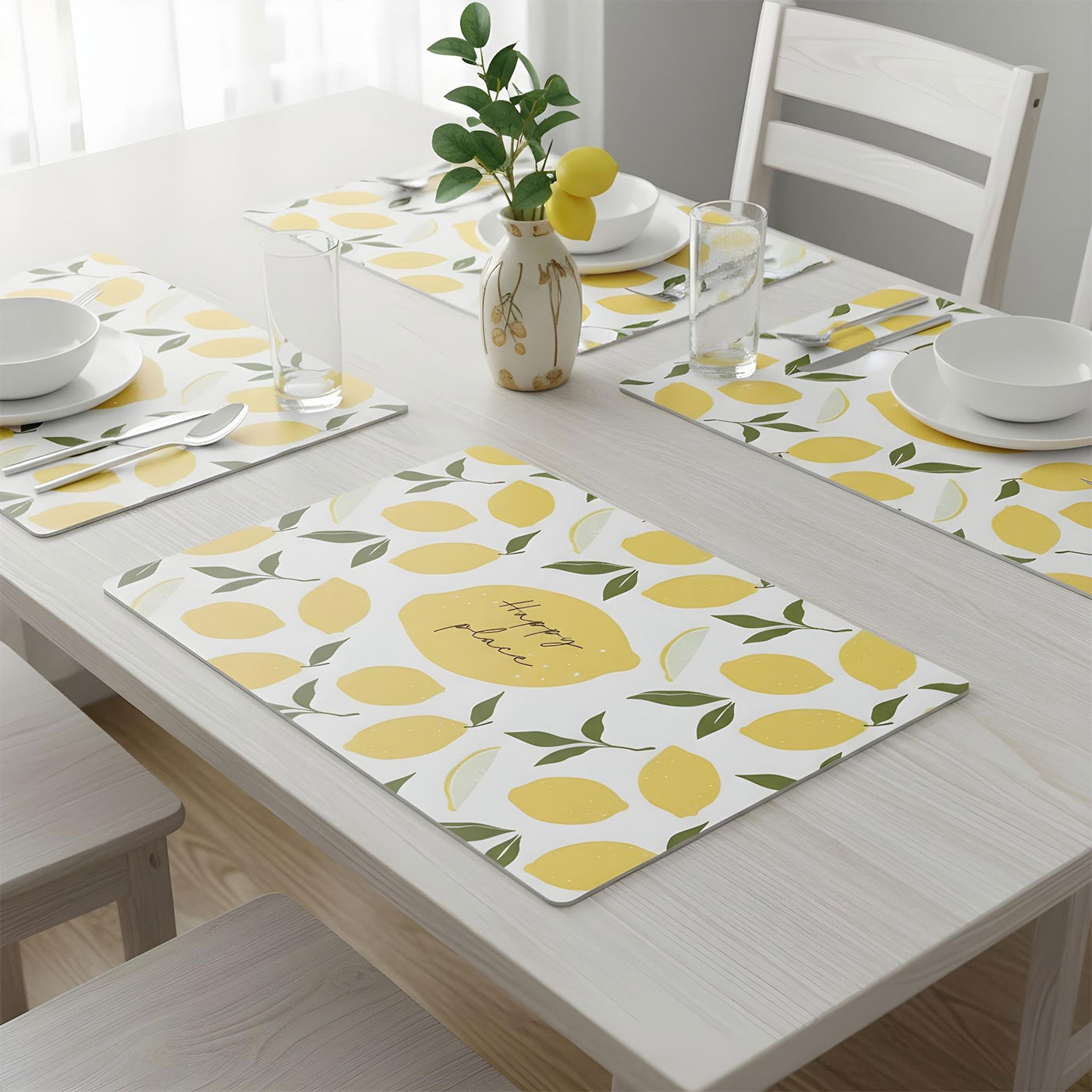 4er Set Platzsets Zitrone 45x30cm Happy Place Sommer Platzdecke Tischsets Küche
