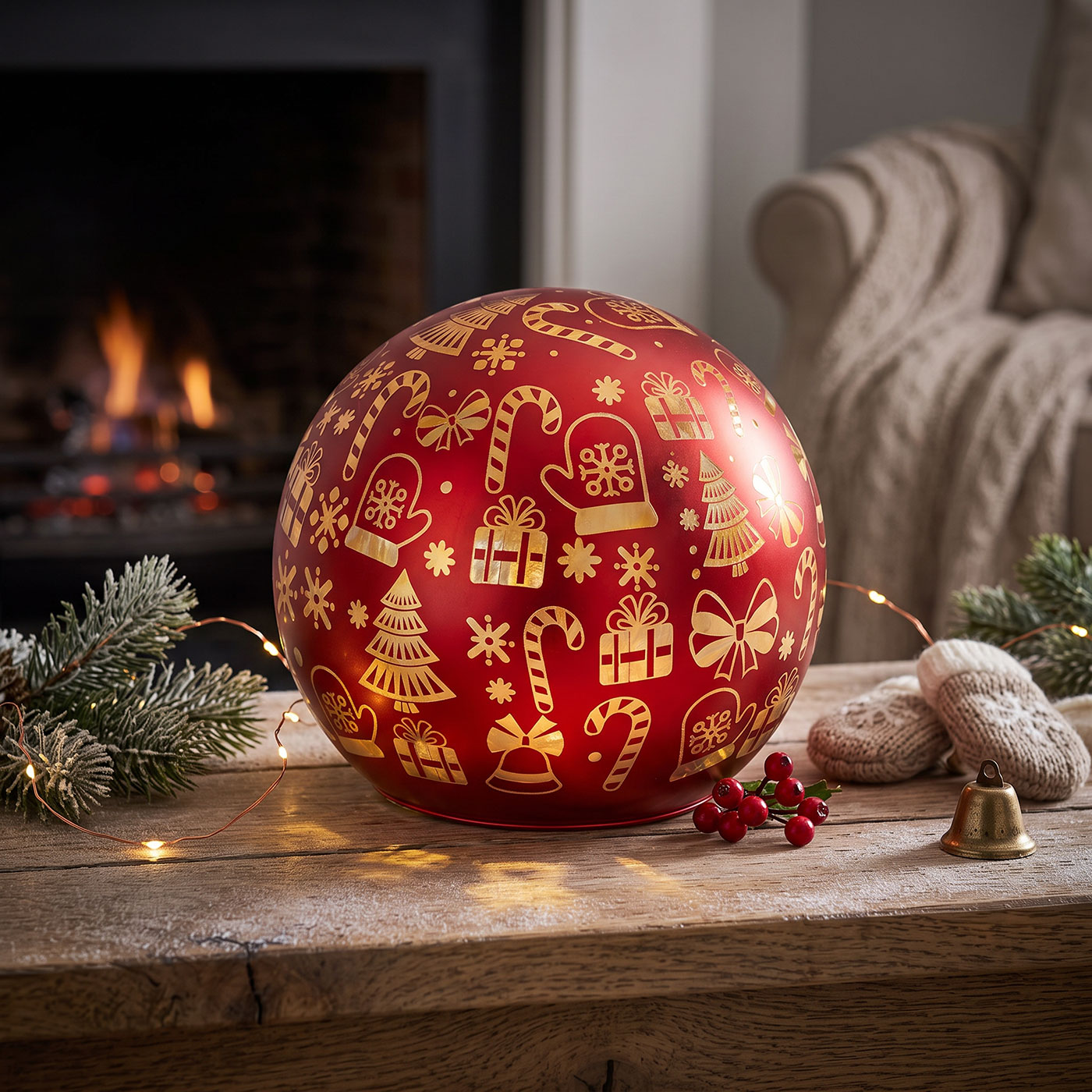 LED Tischleuchte Deko Kugel 12cm Rot Gold Weihnachten Weihnachtskugel Timer
