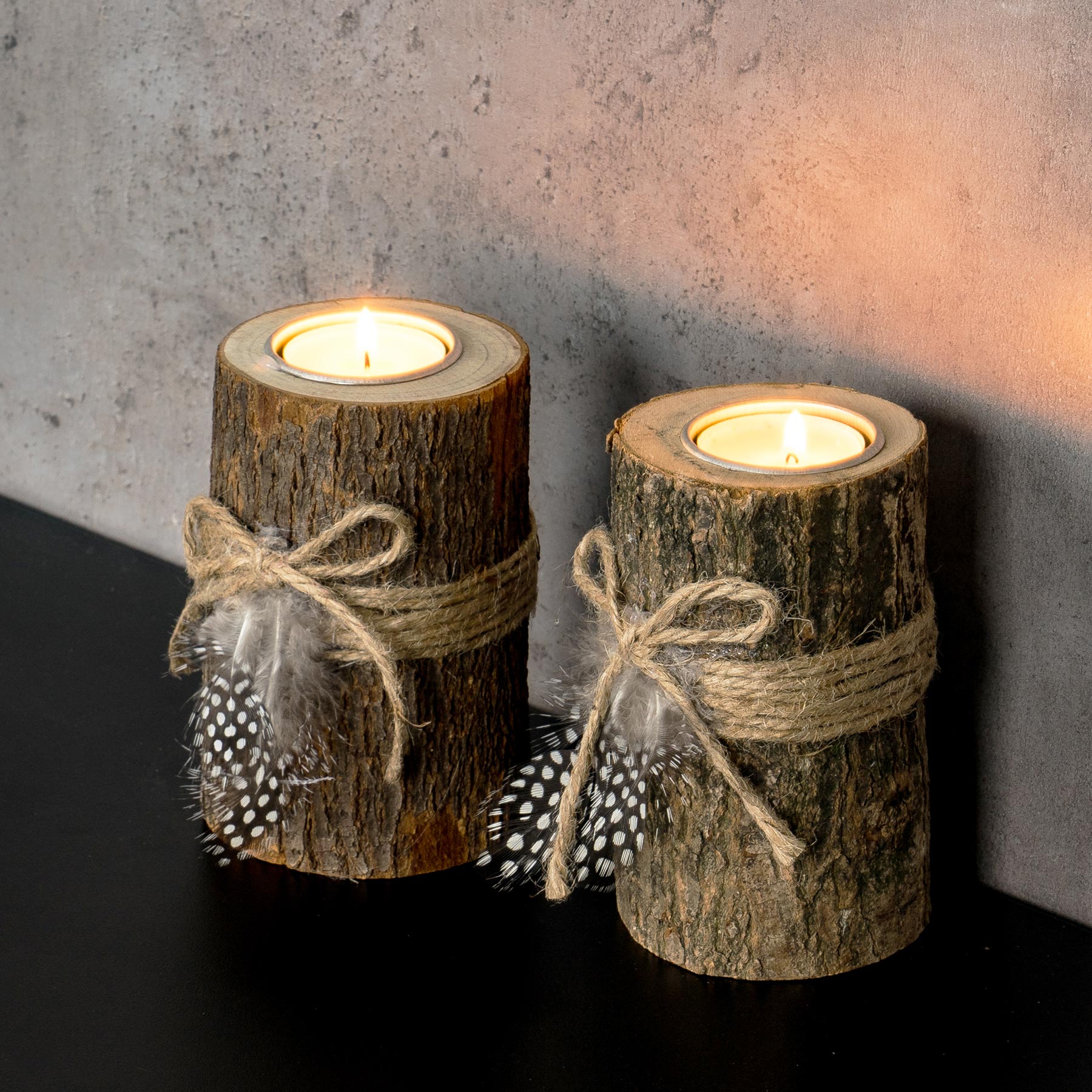 2er Set Teelichthalter Holz je 12cm hoch Kerzenhalter Federn Kerzenständer