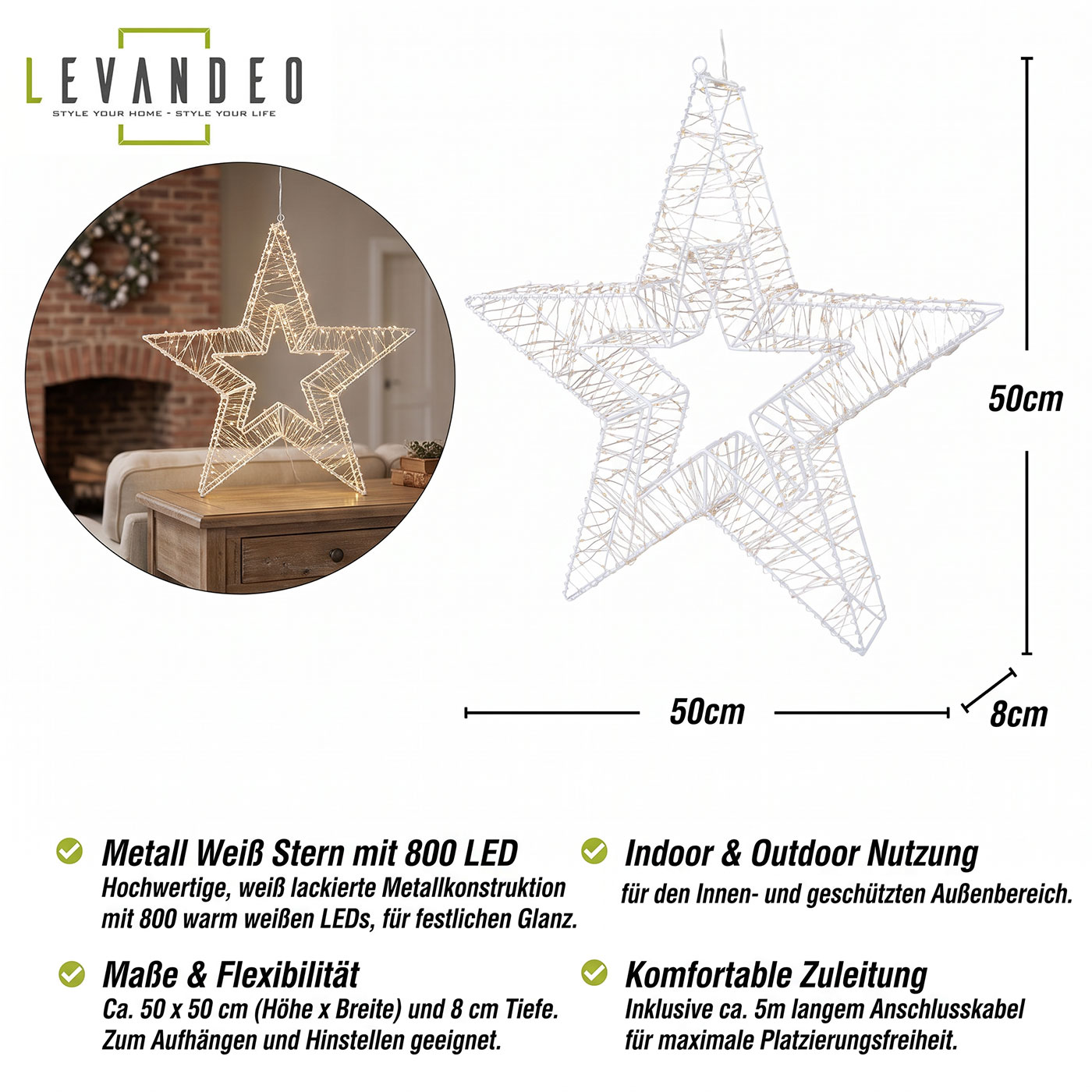 LED Drahtstern 50cm Stern Weiß Metall Weihnachtsdeko Outdoor Leuchtstern Deko