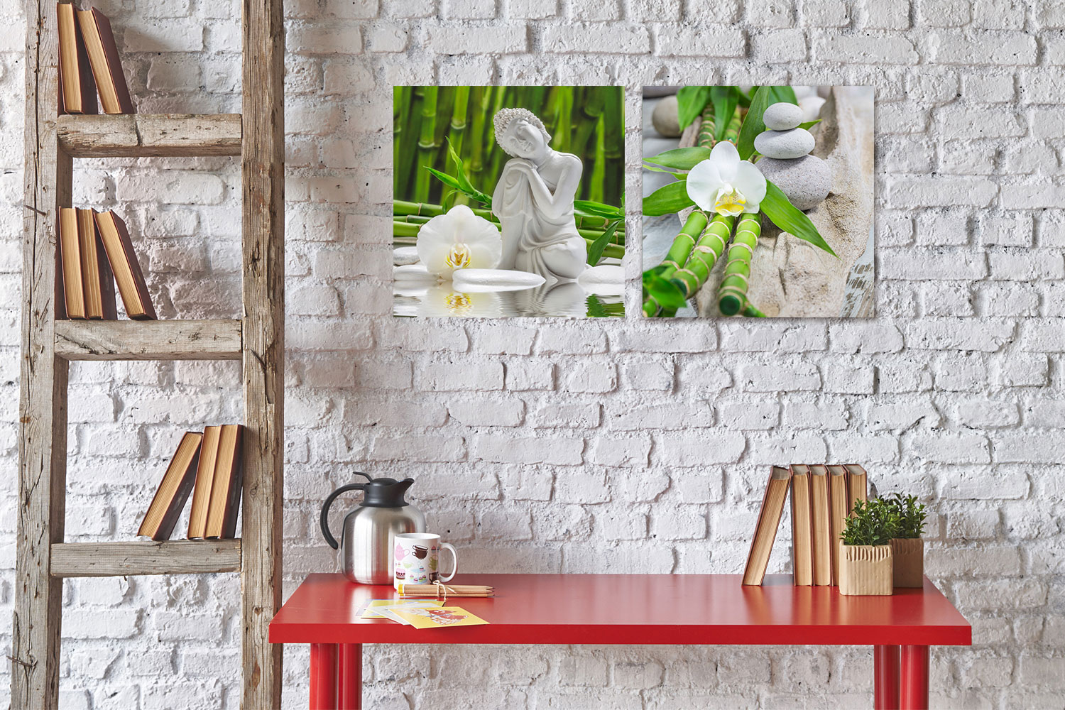 levandeo 2er Set Glasbild 30x30cm Buddha Weiße Orchidee Bambus Wandbild Deko