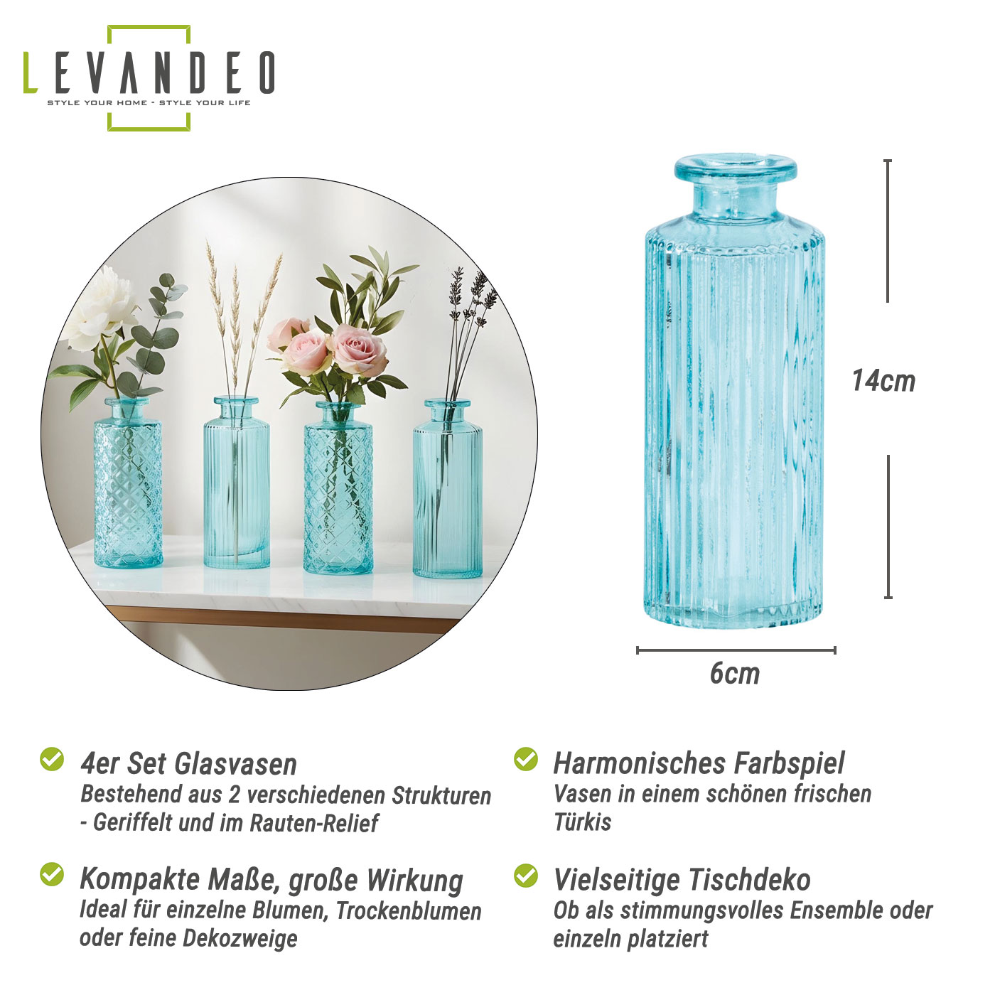 4er Set Vase Türkis H14cm Glas Blumenvase Retro Tischdeko Frühlingsdeko Glasvase