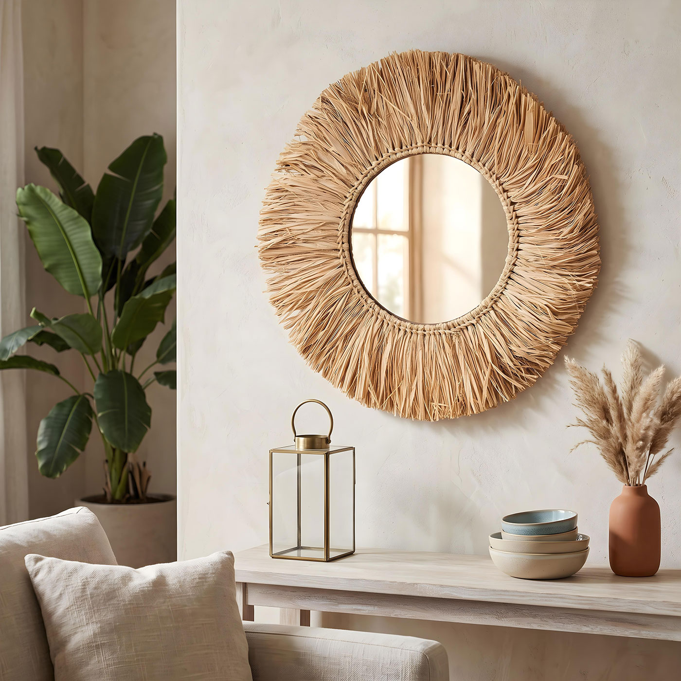 Wandspiegel Seegras Ø 50cm Spiegel Rund Flurspiegel Wanddeko Boho Deko Natur