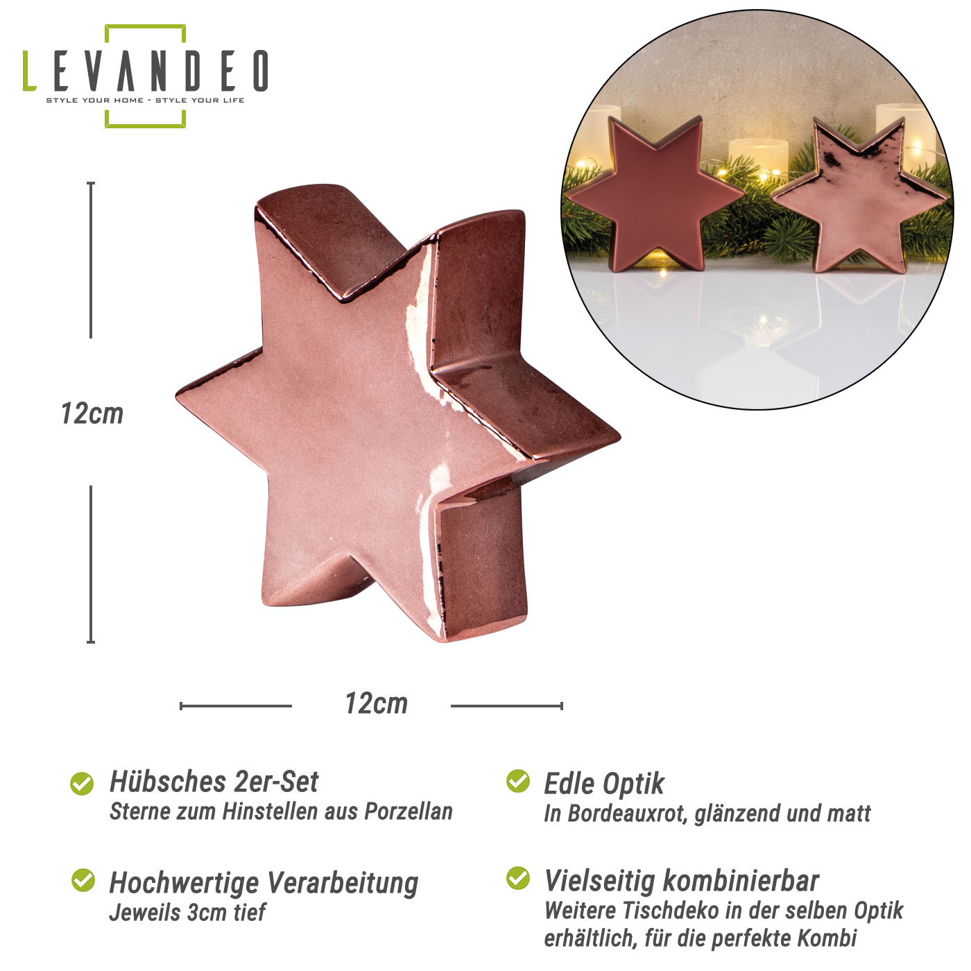 2er Set Deko Aufsteller Stern H12cm Porzellan Bordeaux Rot Tischdeko Weihnachtsdeko