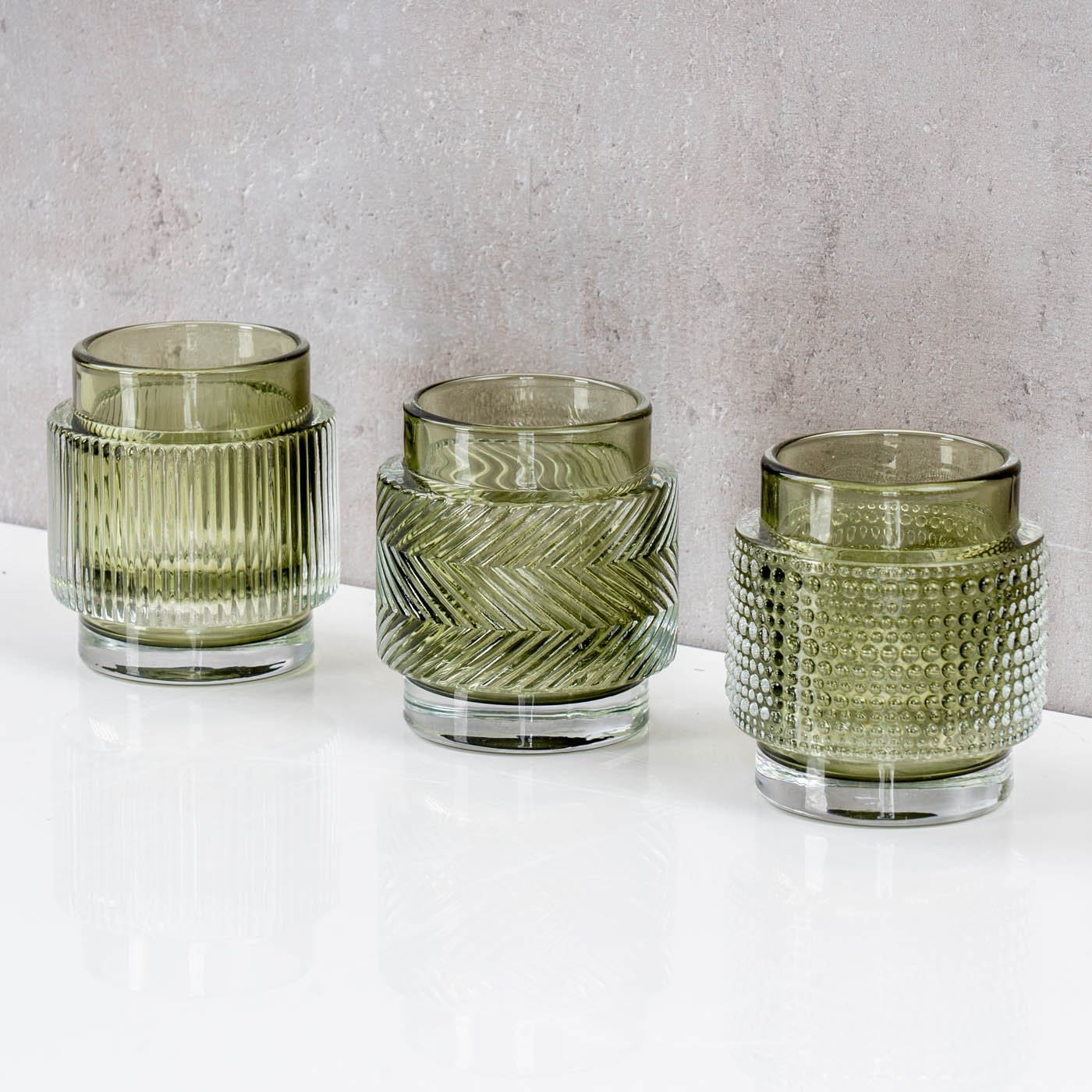 3er Set Teelichthalter Glas Grün H8cm Kerzenhalter Vintage Retro Tischdeko Deko