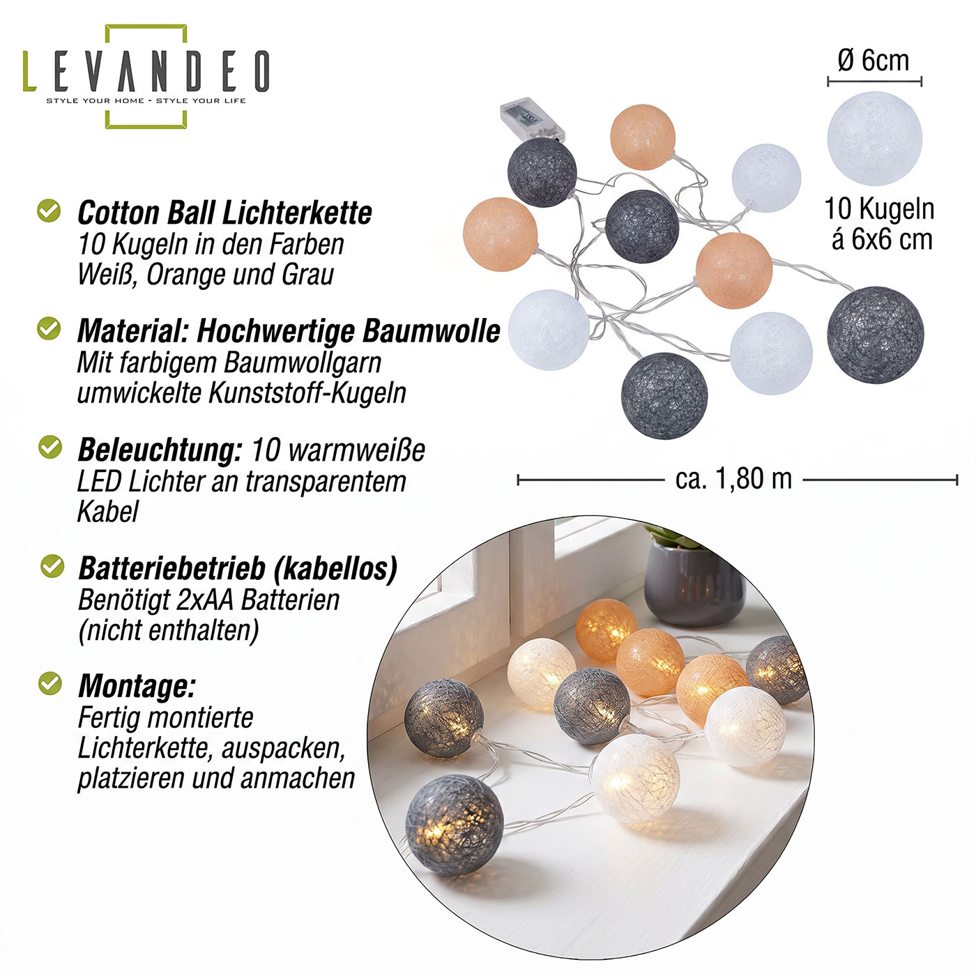 10er Lichterkette LED Kugeln Lampions Baumwolle Orange Weiß Cotton Warmweiß Deko