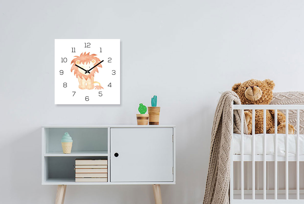 Wanduhr Zootiere 30x30cm Glas Kinder Uhr Glasbild Tiermotiv Löwe Wanddeko