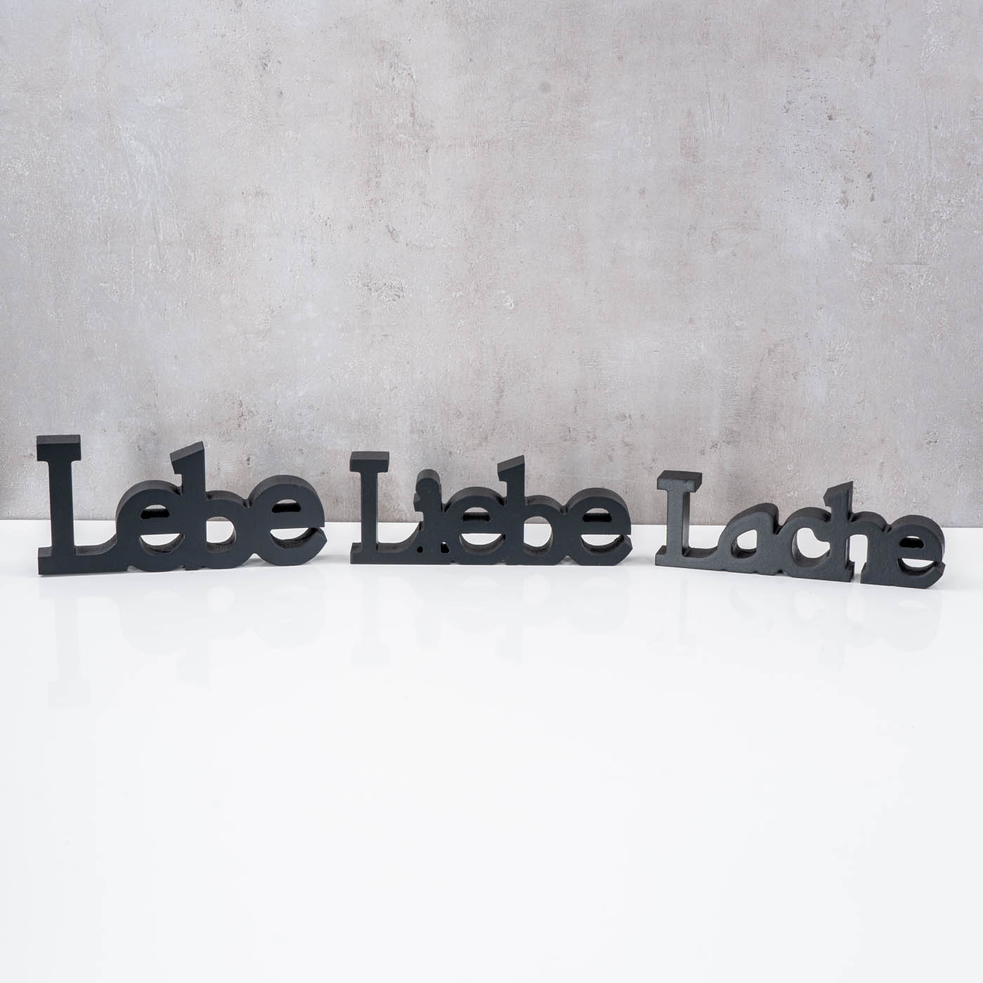 3er Set Schriftzug Lebe Liebe Lache Schwarz MDF Holz Deko Aufsteller Tischdeko