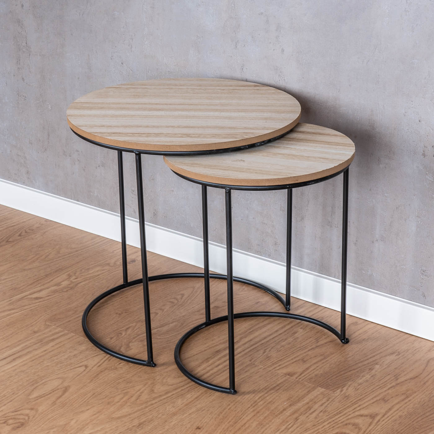 2er Set Beistelltische Metall Schwarz Holz Rund Couchtisch Industrial Sofatisch