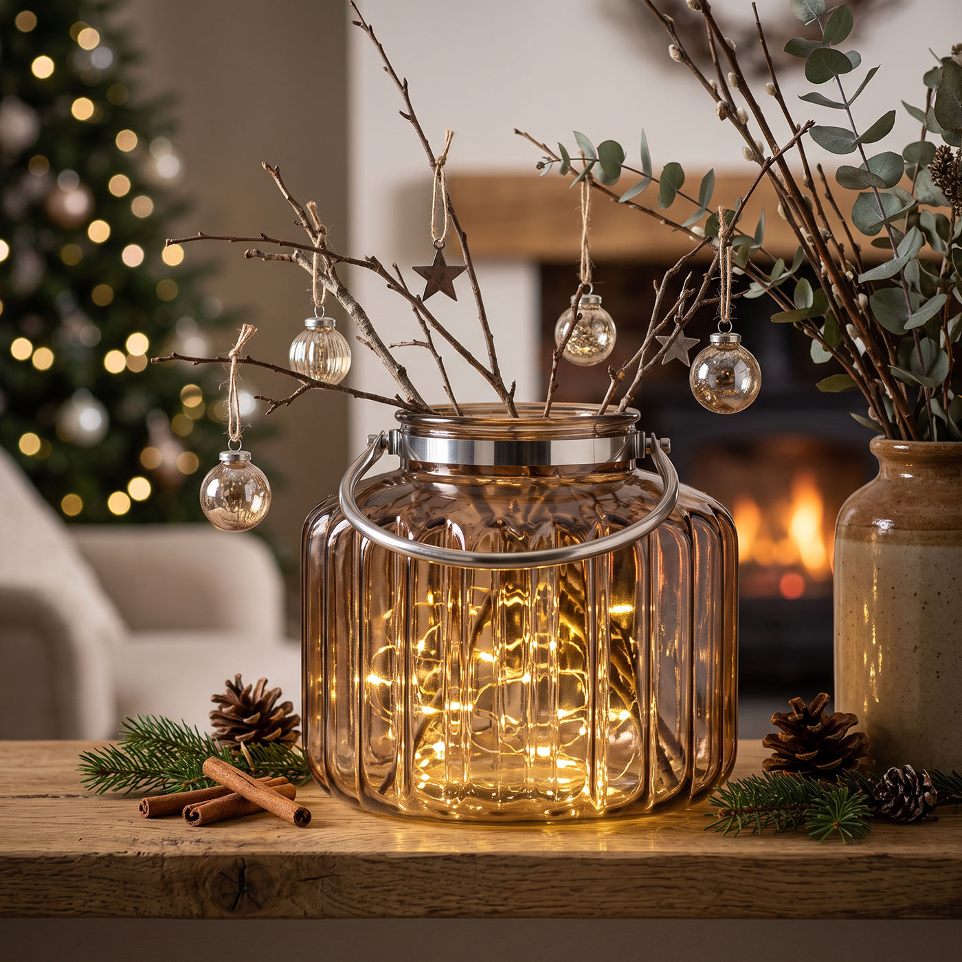 Windlicht Braun Glas H35cm Laterne Kerzenhalter Rillen Herbstdeko Tischdeko
