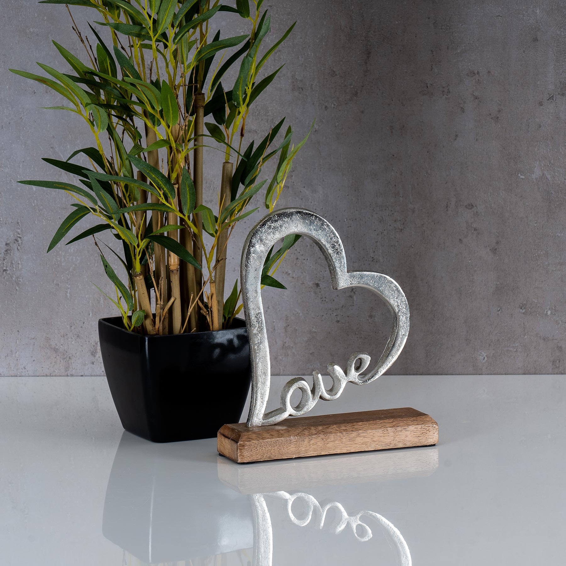 Aufsteller Herz Schriftzug Love H20cm Metall Silber Mango Holz Tischdeko Deko