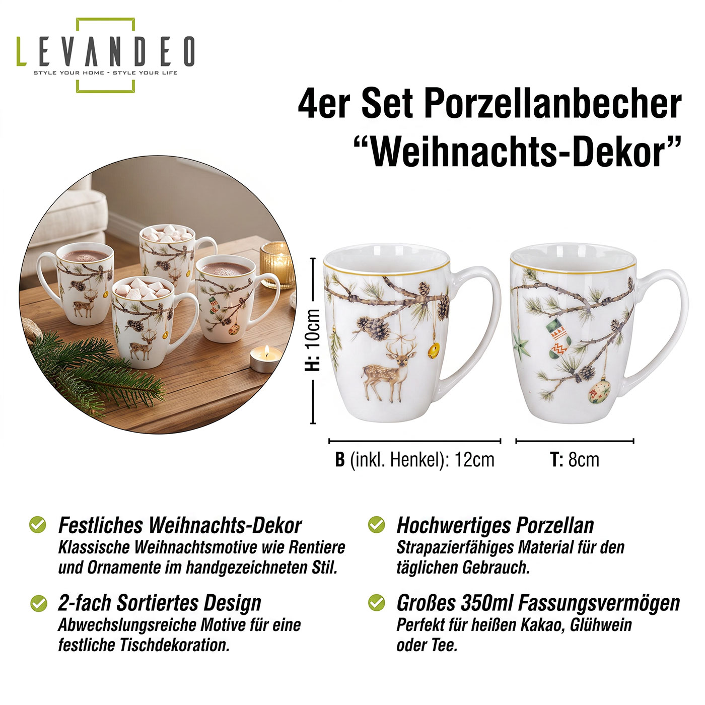 Weihnachtstassen 4er Set Becher Porzellan 350ml Weihnachten Kaffee Tee Getränk
