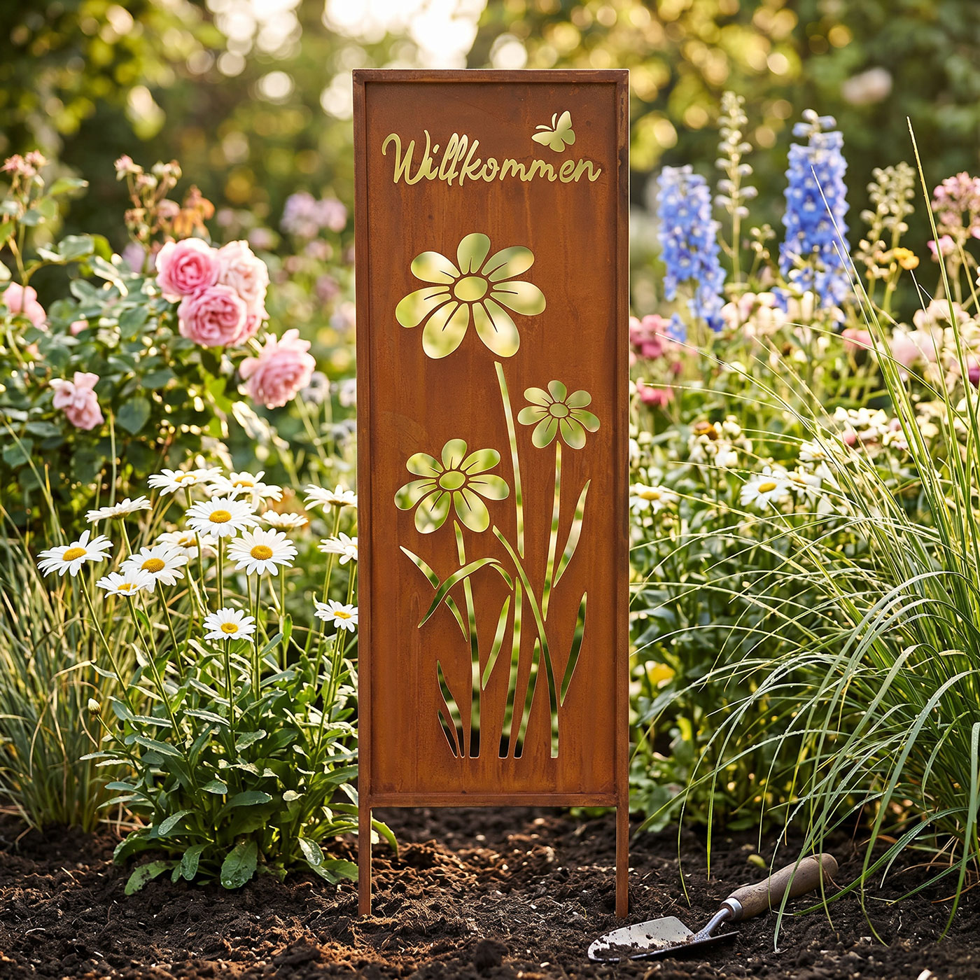 Gartenstecker Willkommen H83cm Stele Rost Rostdeko Braun Garten-Deko Edelrost