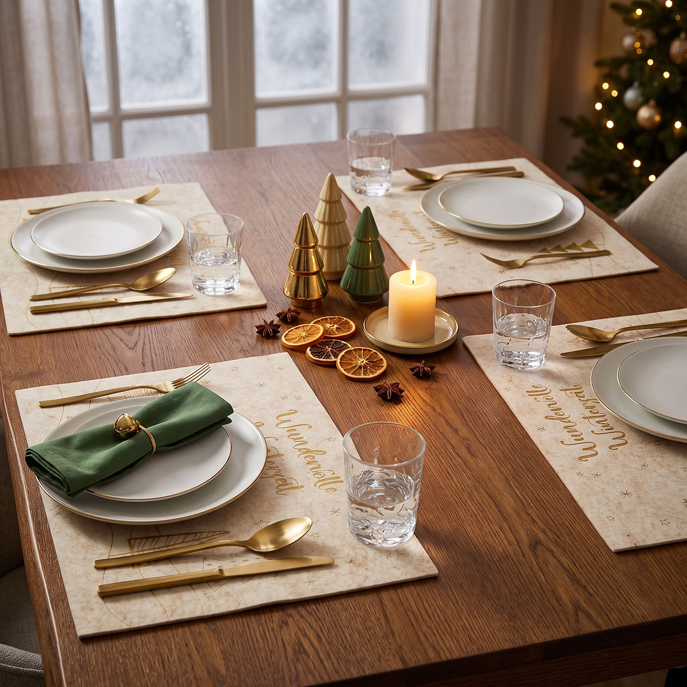 4er Set Platzsets 45x30cm Weihnachten Beige Gold Tannen Wald Tischdeko
