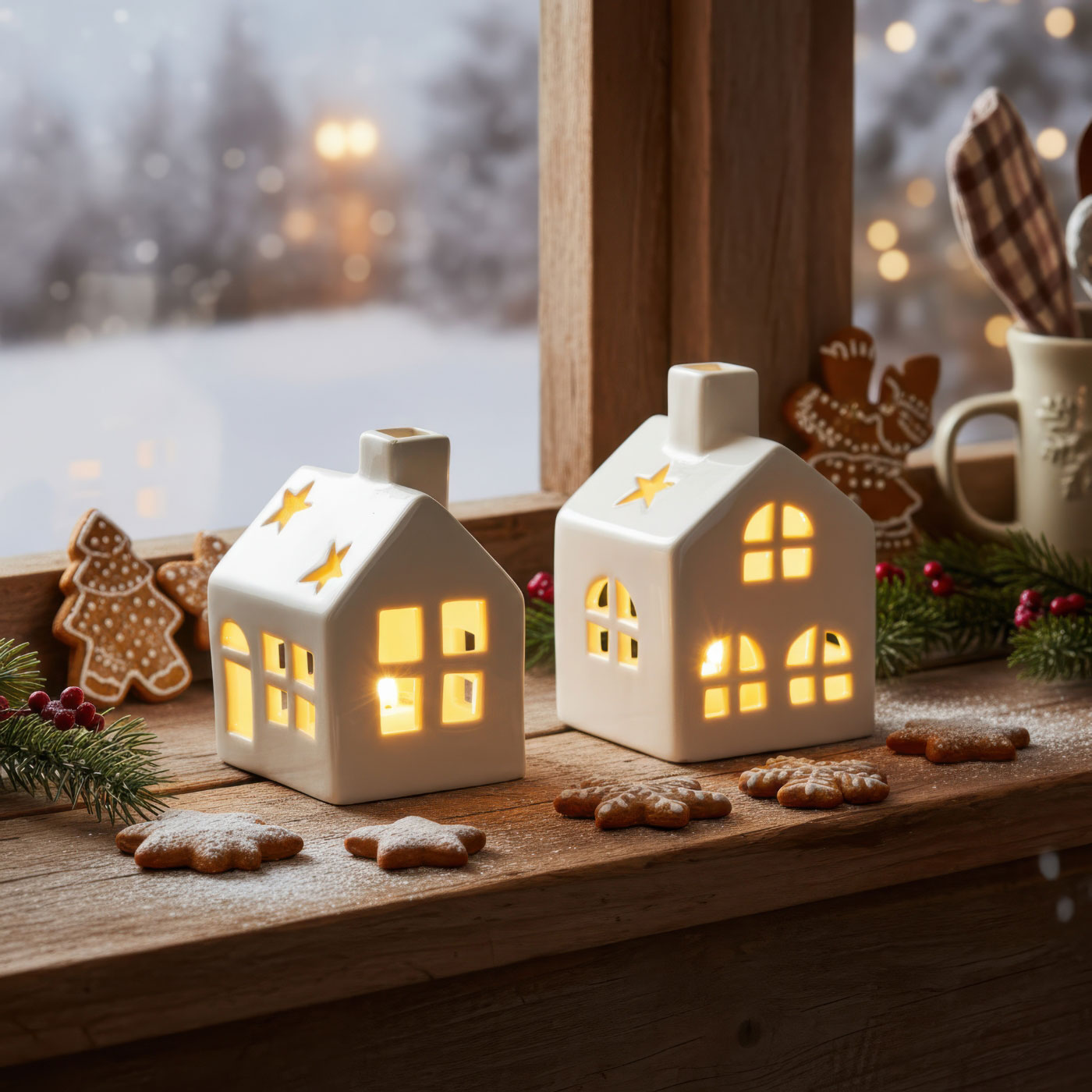 2er Set LED Haus Weiß Porzellan Lichthaus Tischdeko Skandi Design Lichtdeko