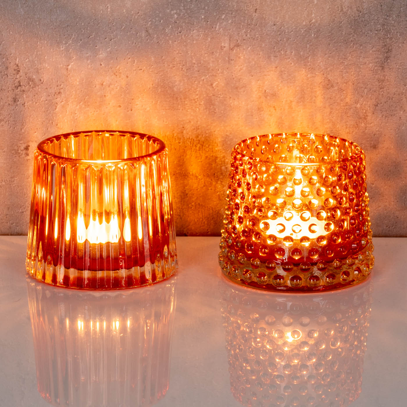 2er Set Teelichthalter H7cm Glas Orange Kerzenhalter Tischdeko Kerzen Retro Deko