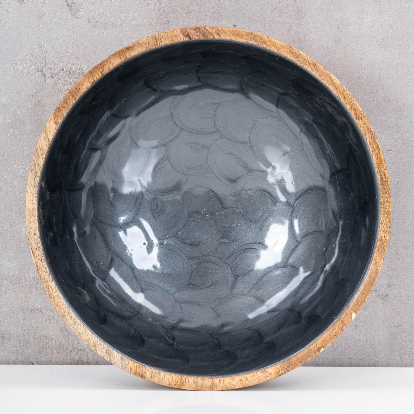 Schüssel 21cm Mango Holz Grau Perlmutt Emaille Schale Bowl Salatschüssel Deko