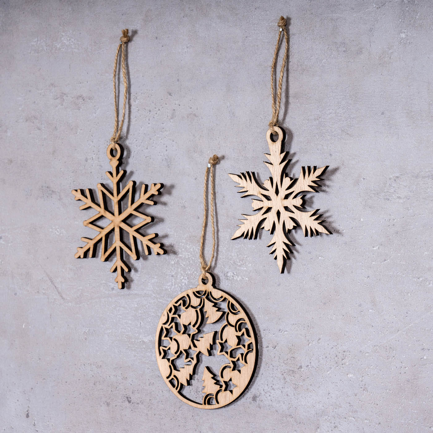 3er Set Deko-Anhänger Weihnachten Holz Birkenholz Eiskristall Kugel Baumschmuck