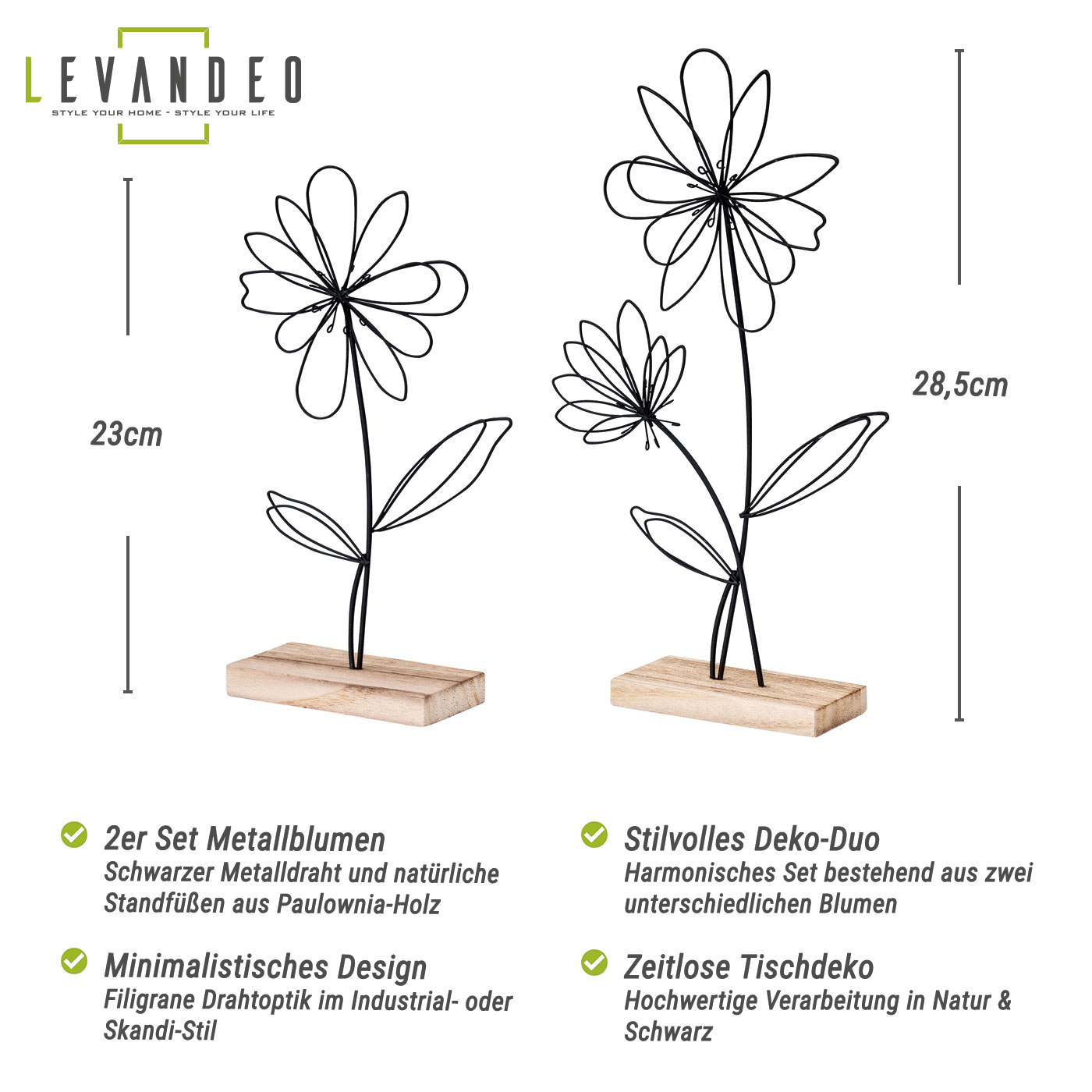 2er Set Deko Aufsteller Draht Blume Metall Holz Schwarz Natur Tischdeko Frühling